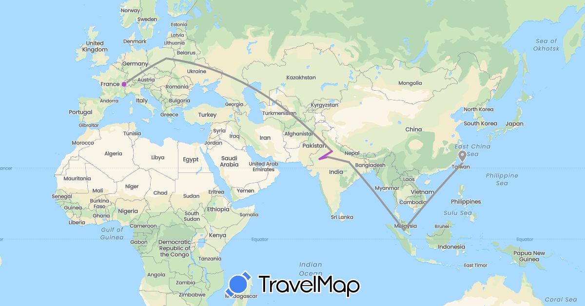 TravelMap itinerary: driving, plane, train in Switzerland, India, Malaysia, Poland, Taiwan (Asia, Europe)